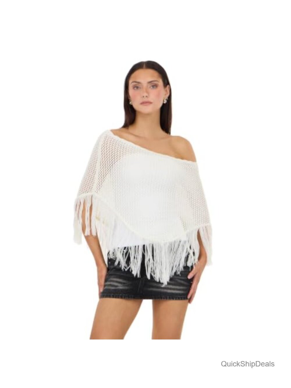 Crochet Fringe Poncho Off Shoulder Cover-Up Lightweight Boho